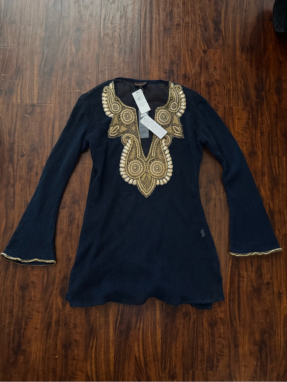 NWT Manish Vaid Navy Blue Crochet & Gold Bead Embroidered Mesh Swim Cover-Up